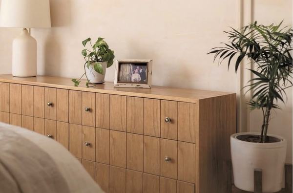 Cómoda de madera con lámpara, plantas y portarretrato
